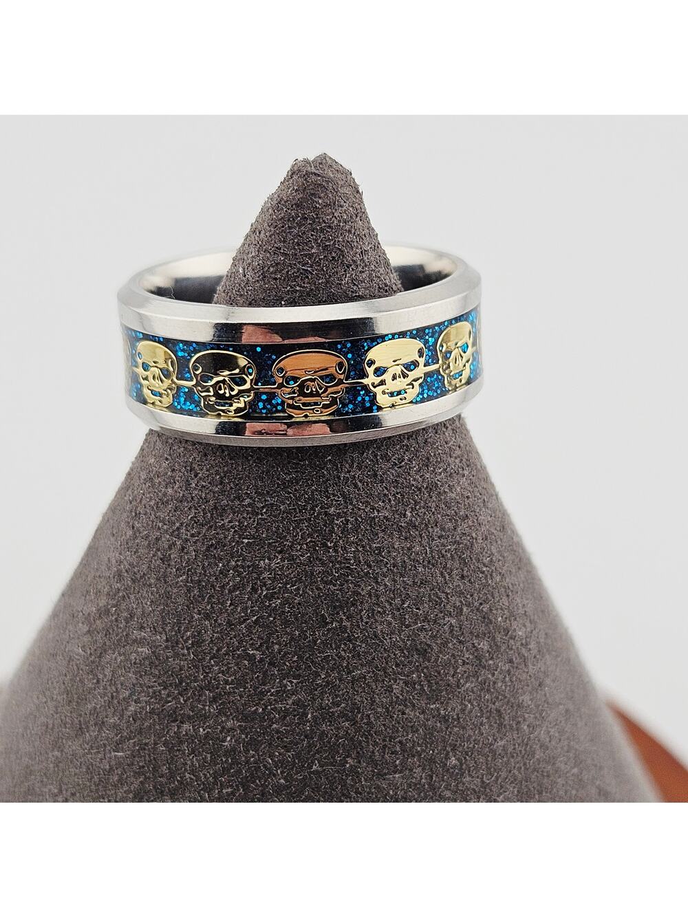 Silver Tone Skull Print Blue Glitter Ring Whimsigoth Punk Alternative Size 8